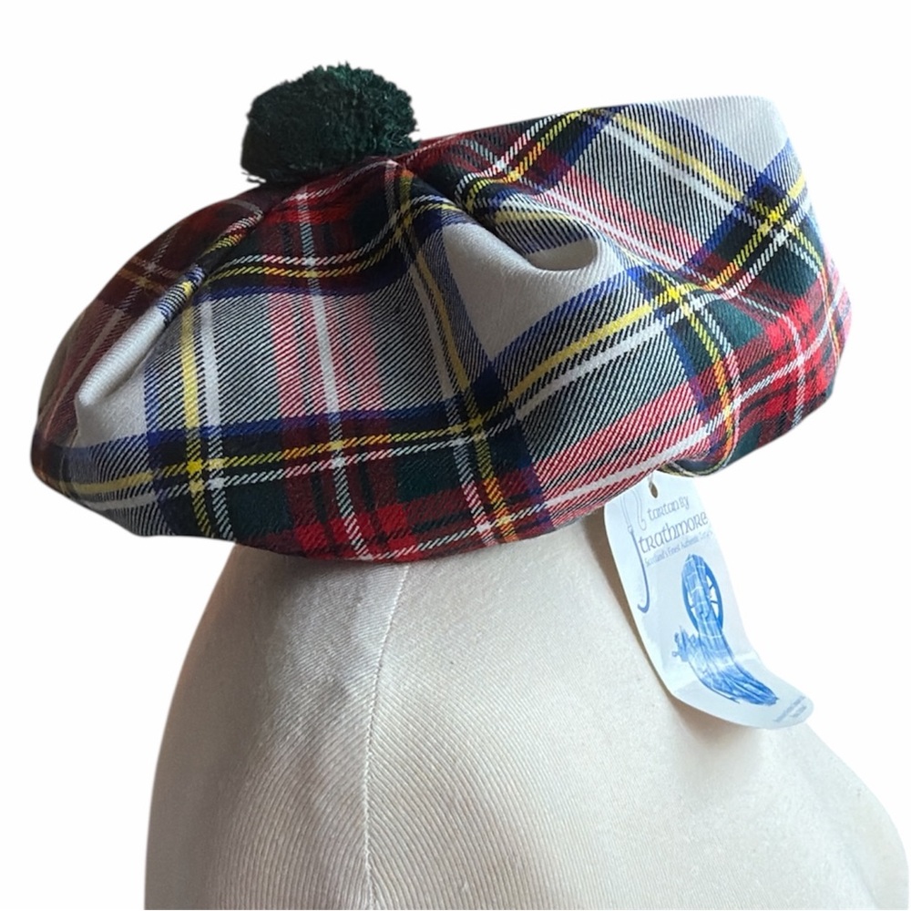 Vintage Scottish tartan wool hat with puff ball